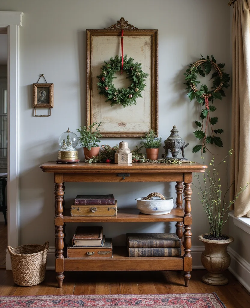 19 Cozy Christmas Entryway Table Decor Ideas for a Warm Welcome! 16 19 Cozy Christmas Entryway Table Decor Ideas for a Warm Welcome! - 3. Vintage Finds and Family Heirlooms