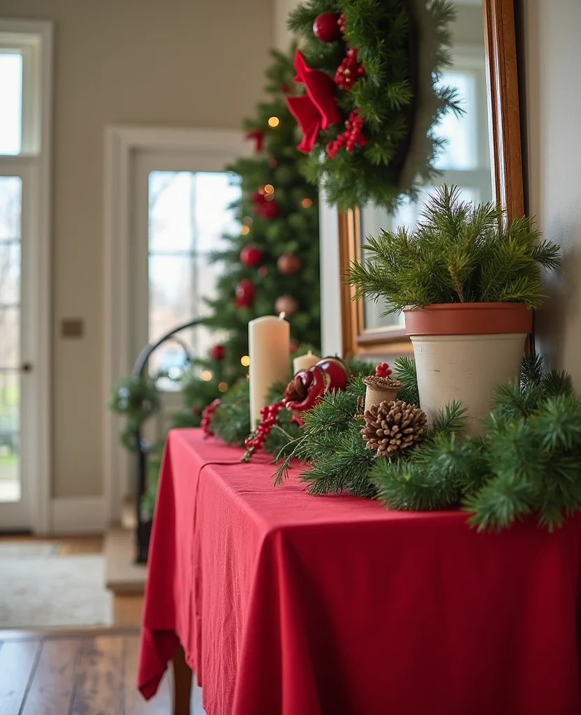 19 Cozy Christmas Entryway Table Decor Ideas for a Warm Welcome! 30 19 Cozy Christmas Entryway Table Decor Ideas for a Warm Welcome! - 5. Classic Red and Green Theme