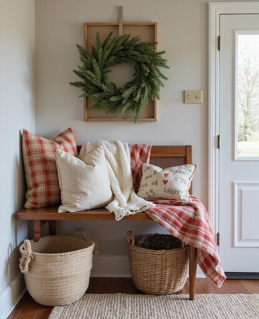 19 Cozy Christmas Entryway Table Decor Ideas for a Warm Welcome! 44 19 Cozy Christmas Entryway Table Decor Ideas for a Warm Welcome! - 7. Festive Layering with Throws and Pillows