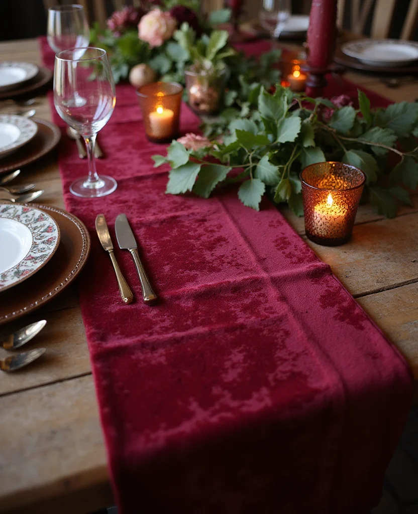 19 Elegant Christmas Table Runner Ideas That Will Wow Your Holiday Guests! - 1. Luxe Velvet Runners