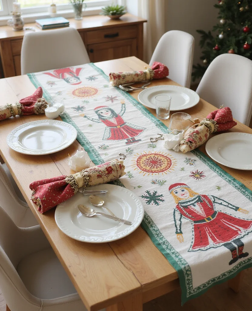 19 Elegant Christmas Table Runner Ideas That Will Wow Your Holiday Guests! - 11. Artistic Hand-Painted Designs