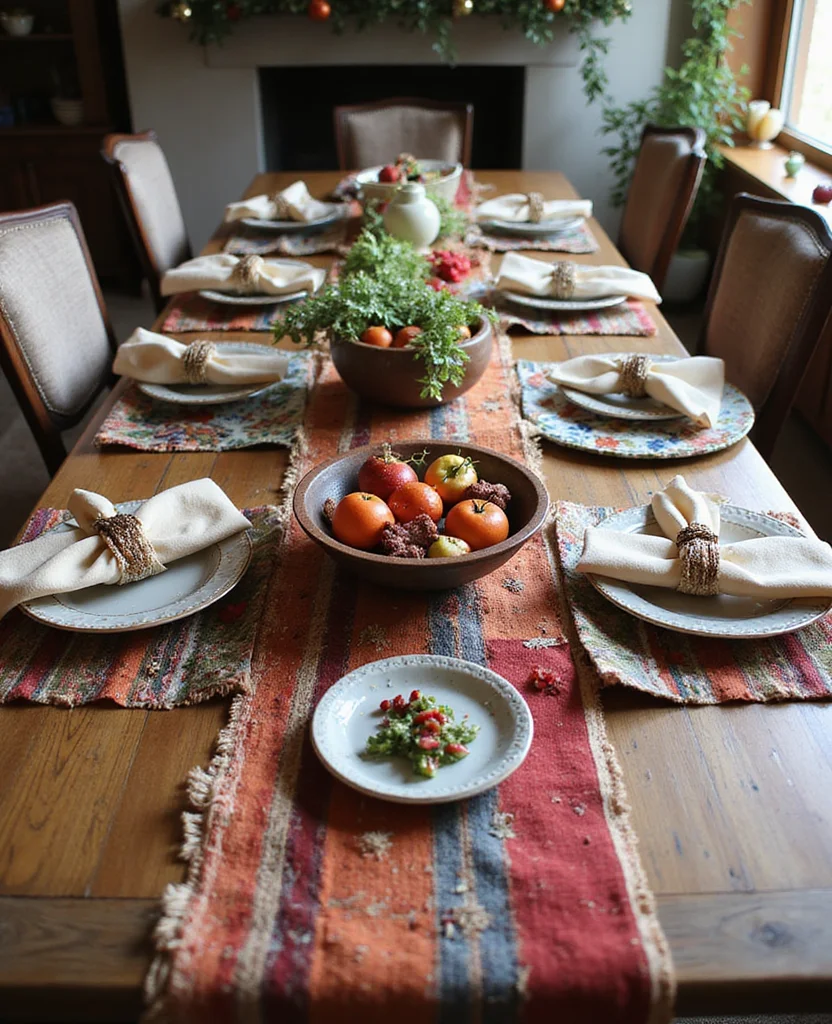 19 Elegant Christmas Table Runner Ideas That Will Wow Your Holiday Guests! - 16. Bohemian Textiles
