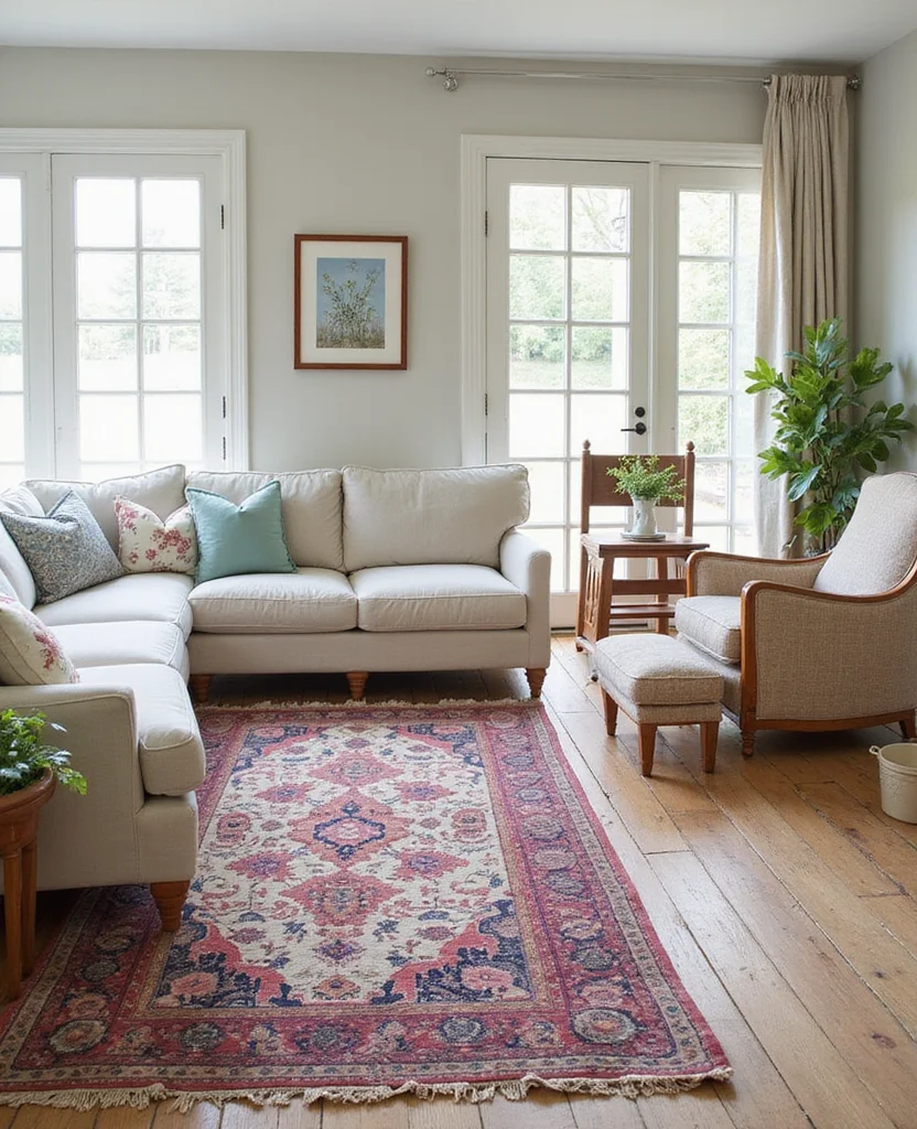 19 Enchanting Cottage Living Room Ideas That'll Make You Feel Right at Home! - 9. Layering Rugs for Depth