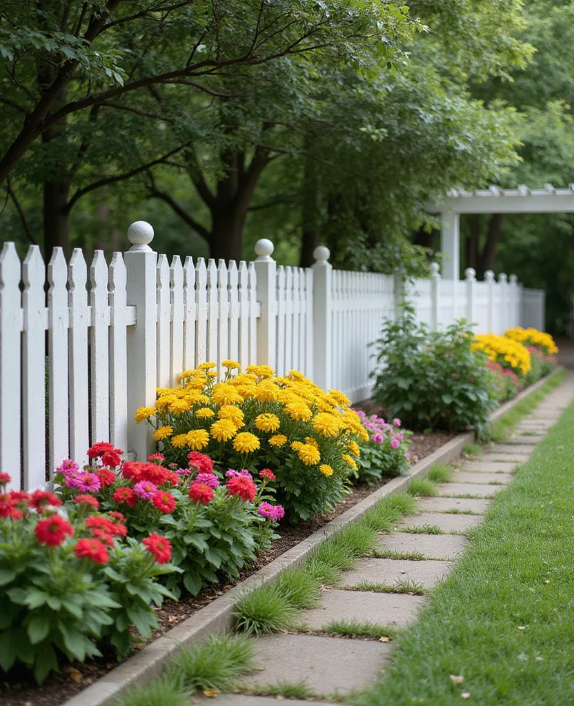 19 Gorgeous White Fence Backyard Ideas That'll Make Your Neighbors Envious! - 1. Charming Picket Fence with Flower Beds