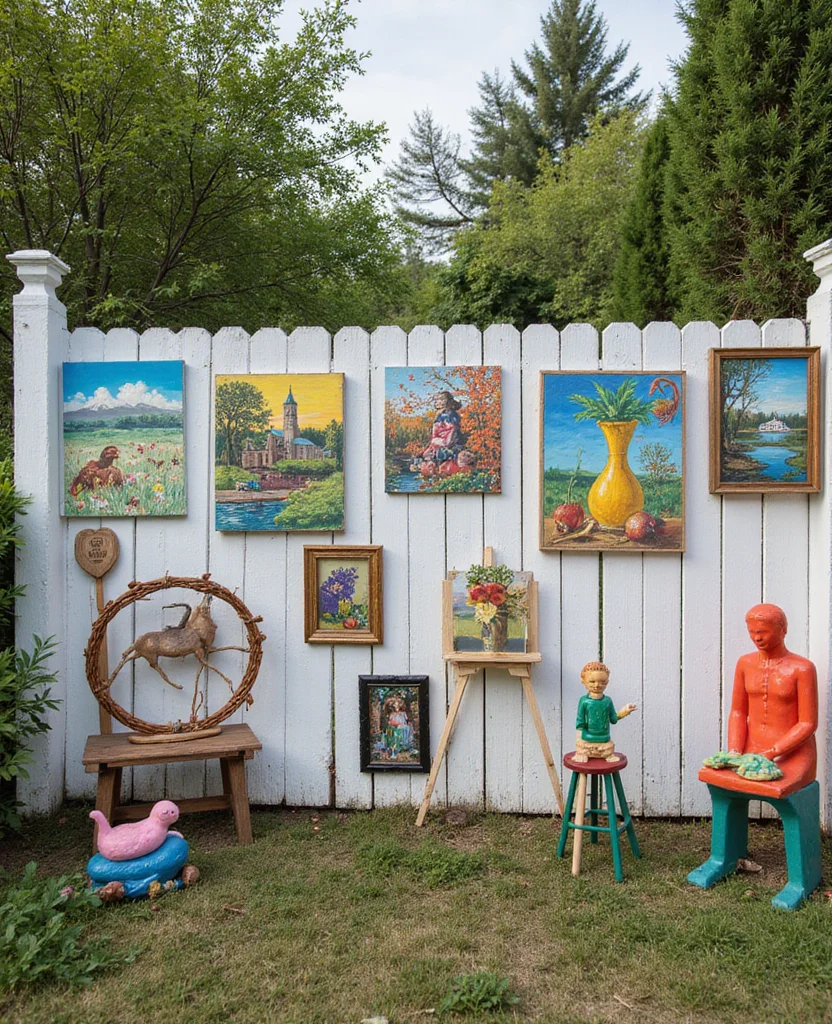 19 Gorgeous White Fence Backyard Ideas That'll Make Your Neighbors Envious! - 13. White Fence with Outdoor Art