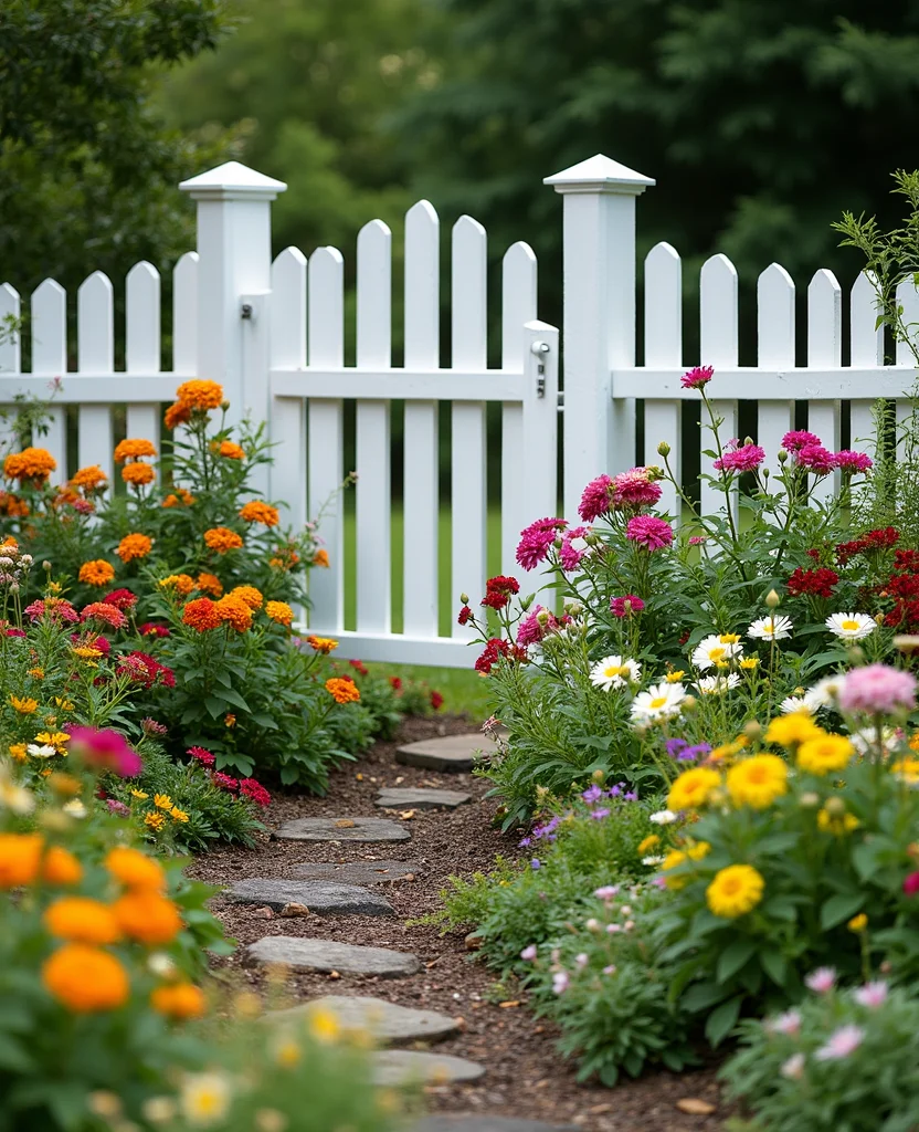 19 Gorgeous White Fence Backyard Ideas That'll Make Your Neighbors Envious! - 14. White Fence with Seasonal Plantings