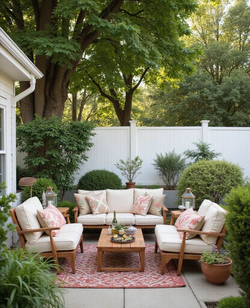 19 Gorgeous White Fence Backyard Ideas That'll Make Your Neighbors Envious! - 15. White Fence with Garden Furniture