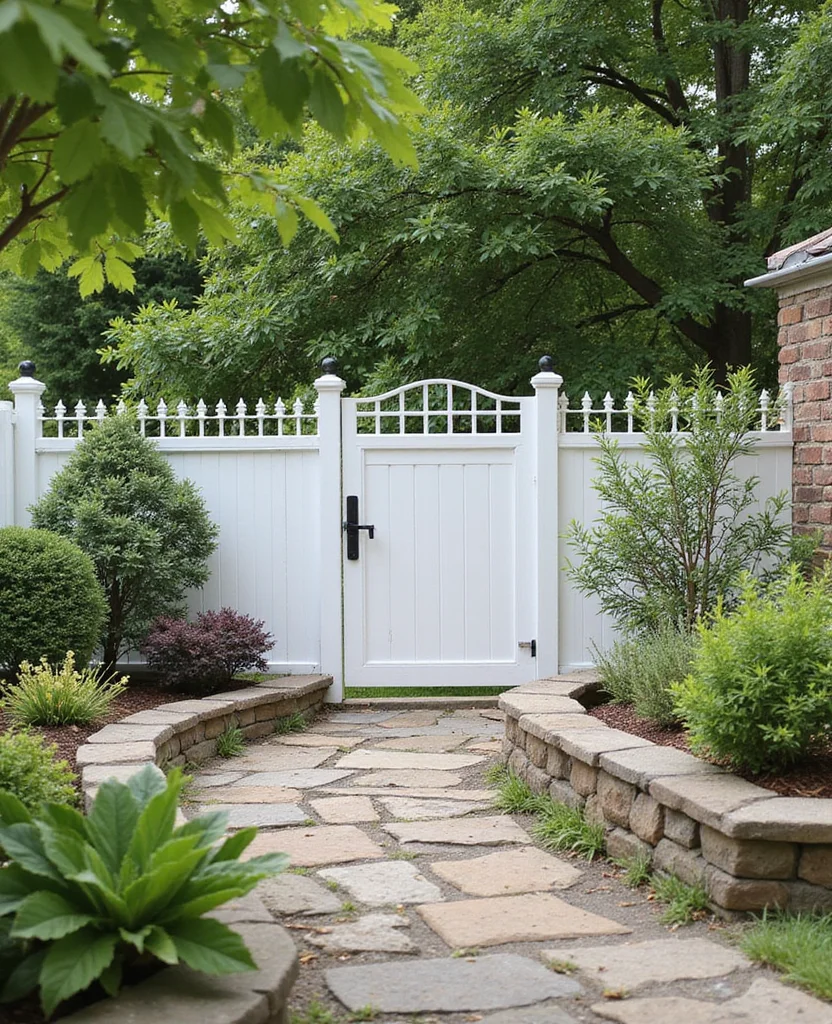 19 Gorgeous White Fence Backyard Ideas That'll Make Your Neighbors Envious! - 16. White Fence with Natural Stone Features