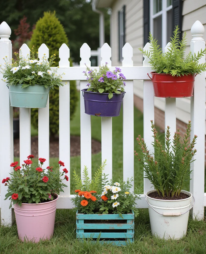 19 Gorgeous White Fence Backyard Ideas That'll Make Your Neighbors Envious! - 17. White Fence with Creative Containers