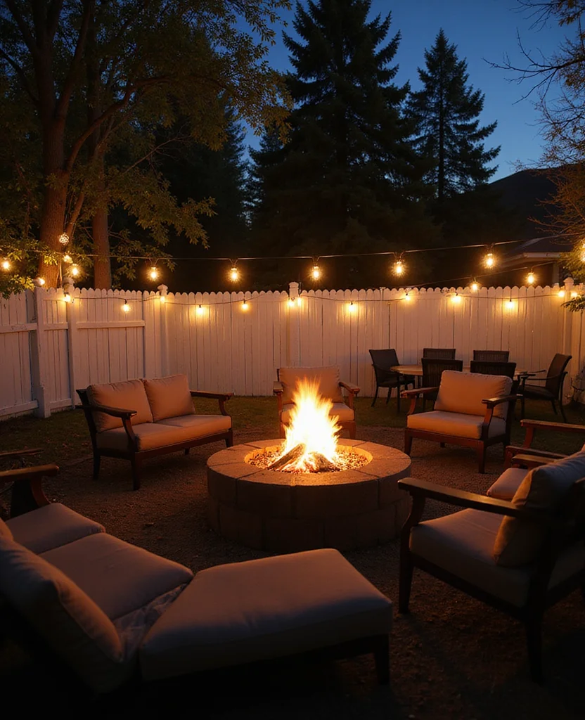 19 Gorgeous White Fence Backyard Ideas That'll Make Your Neighbors Envious! - 18. White Fence with a Fire Pit Area