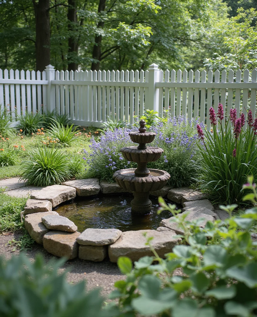19 Gorgeous White Fence Backyard Ideas That'll Make Your Neighbors Envious! - 19. White Fence with a Water Feature