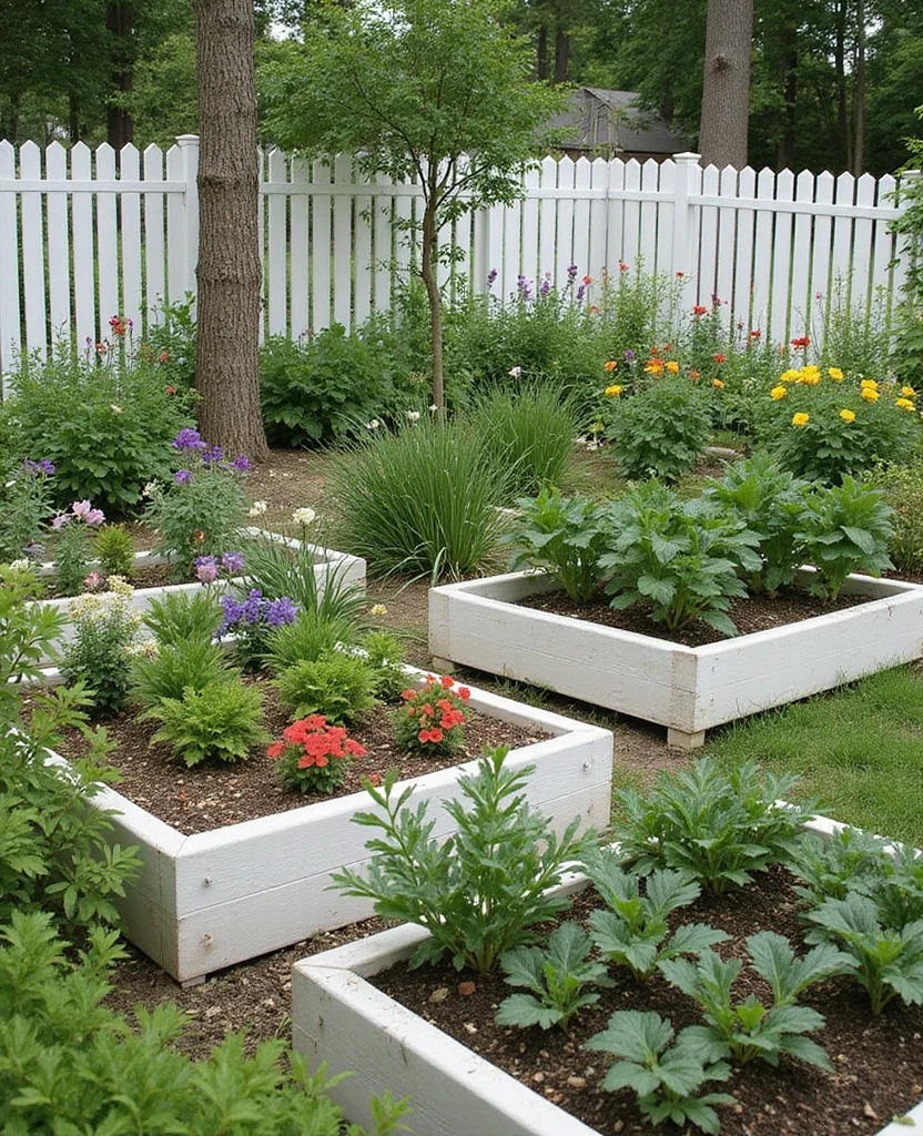 19 Gorgeous White Fence Backyard Ideas That'll Make Your Neighbors Envious! - 4. White Fence with Raised Garden Beds