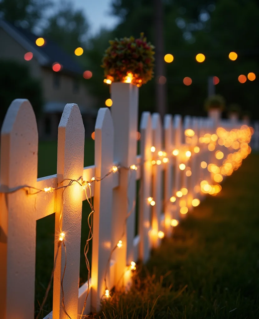 19 Gorgeous White Fence Backyard Ideas That'll Make Your Neighbors Envious! - 5. Whimsical White Fence with Fairy Lights