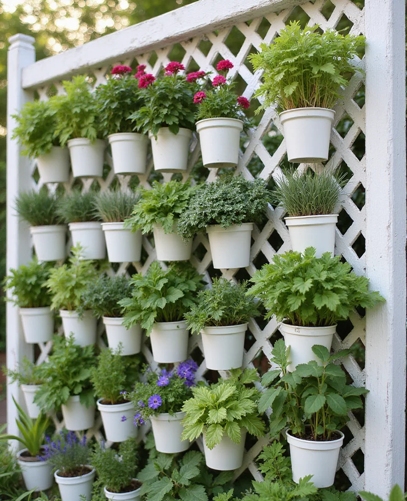 19 Gorgeous White Fence Backyard Ideas That'll Make Your Neighbors Envious! - 6. White Lattice Fence with Vertical Garden