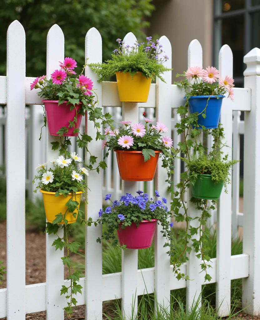 19 Gorgeous White Fence Backyard Ideas That'll Make Your Neighbors Envious! - 9. White Fence with Hanging Planters