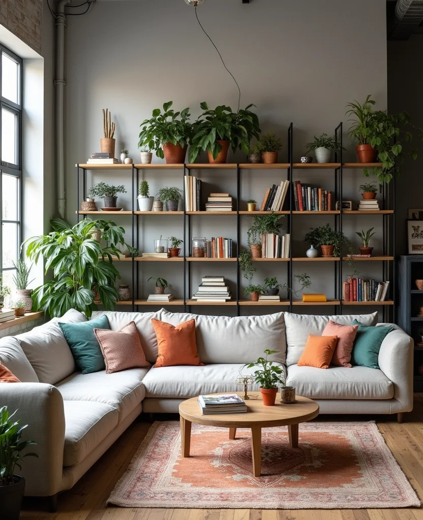 19 Industrial Living Room Ideas That'll Transform Your Space Into a Chic Urban Oasis! 51 19 Industrial Living Room Ideas That'll Transform Your Space Into a Chic Urban Oasis! - 8. Open Shelving for Display