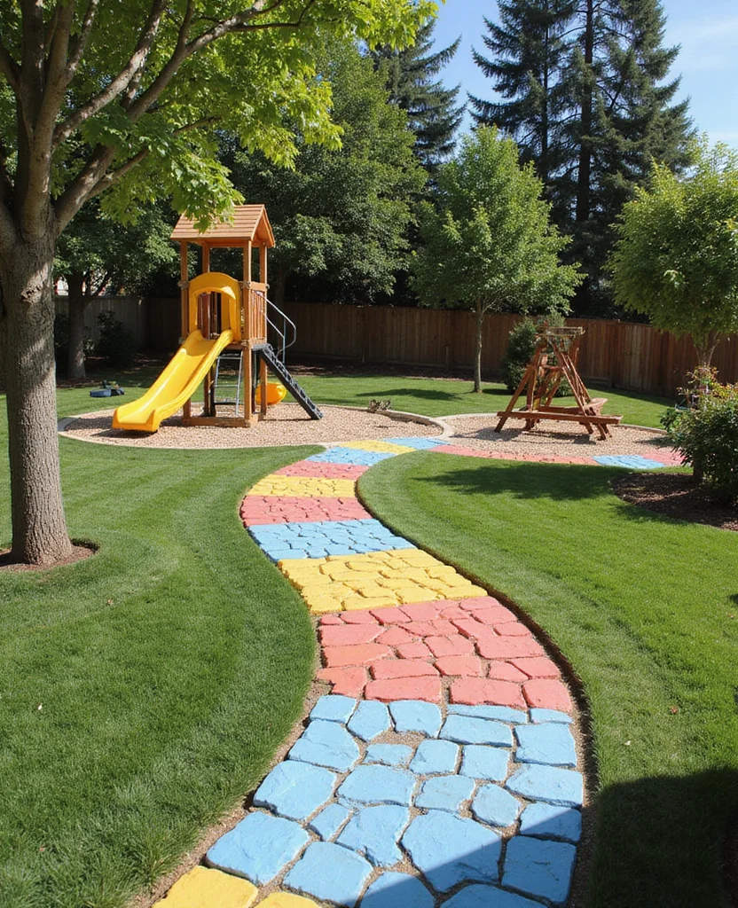 19 Magical European Backyard Ideas That Kids Will Absolutely Adore! - 13. Colorful Playful Pathways
