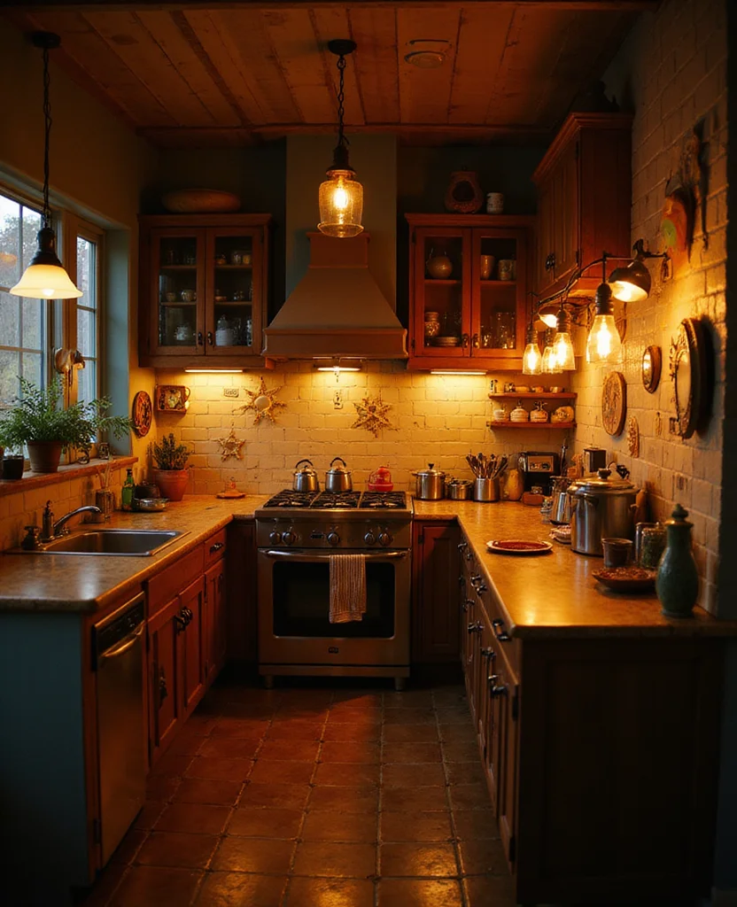 19 Moody Kitchen Ideas That'll Transform Your Home into a Cozy Haven! 9 19 Moody Kitchens Ideas That'll Transform Your Home into a Cozy Haven! - 2. Cozy Lighting Fixtures