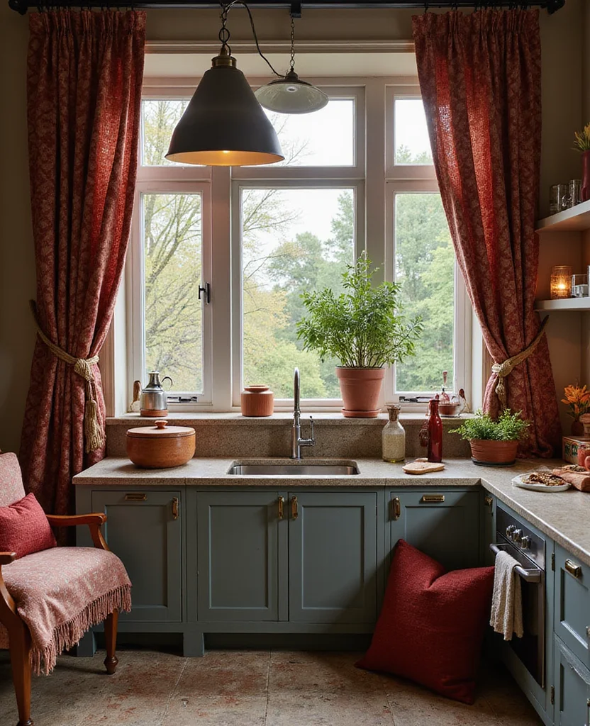 19 Moody Kitchen Ideas That'll Transform Your Home into a Cozy Haven! 44 19 Moody Kitchens Ideas That'll Transform Your Home into a Cozy Haven! - 7. Textured Fabrics and Soft Furnishings