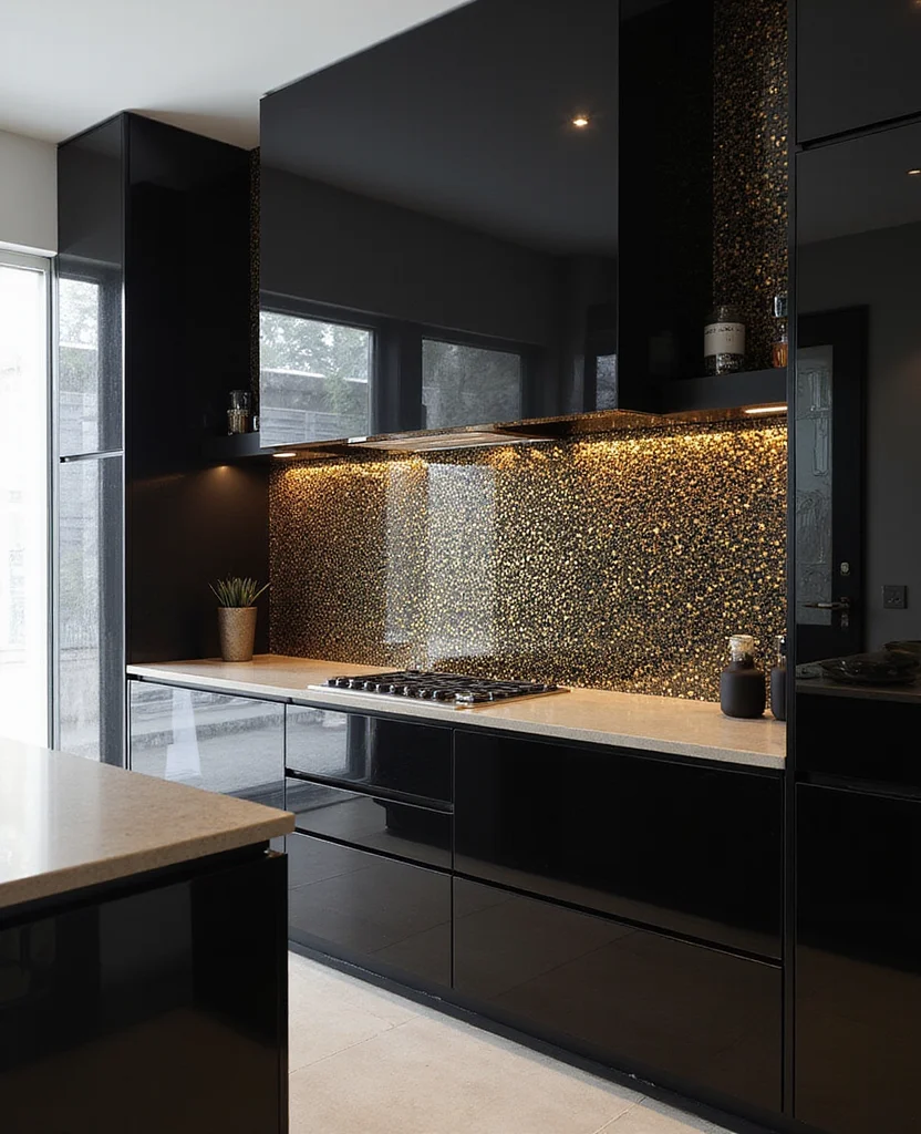 19 Mosaic Backsplash Kitchen Inspirations That Will Leave You Breathless! - 6. Sleek Black and Gold Elegance