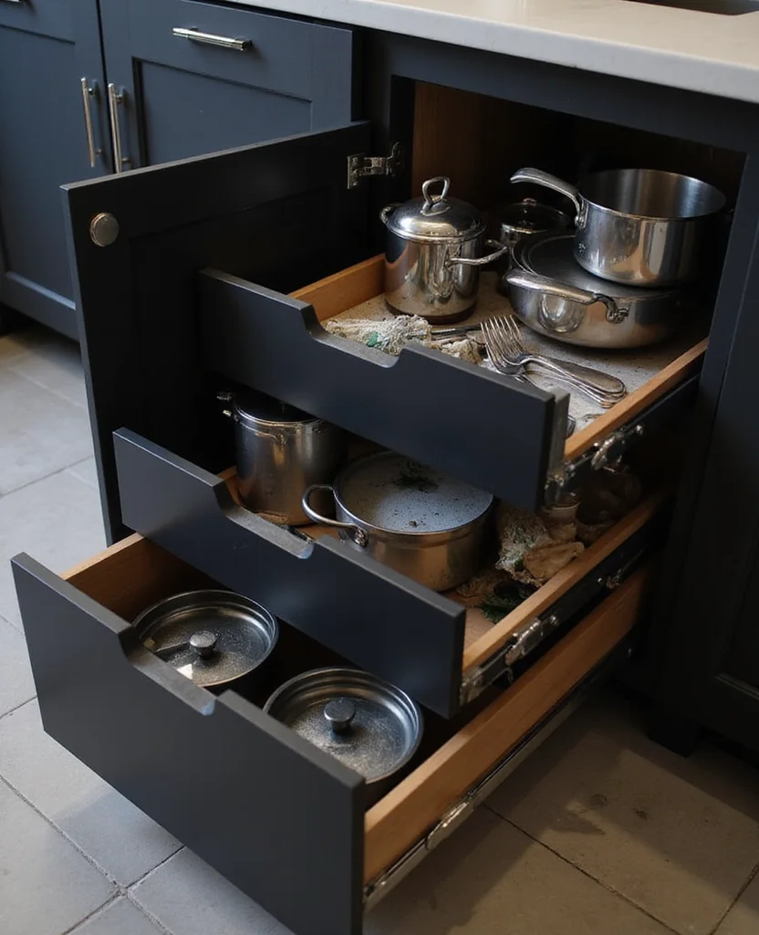 19 Space-Saving Black Kitchen Cabinet Ideas That Maximize Your Small Space (Wait Until You See #5!) - 12. Deep Drawer Cabinets
