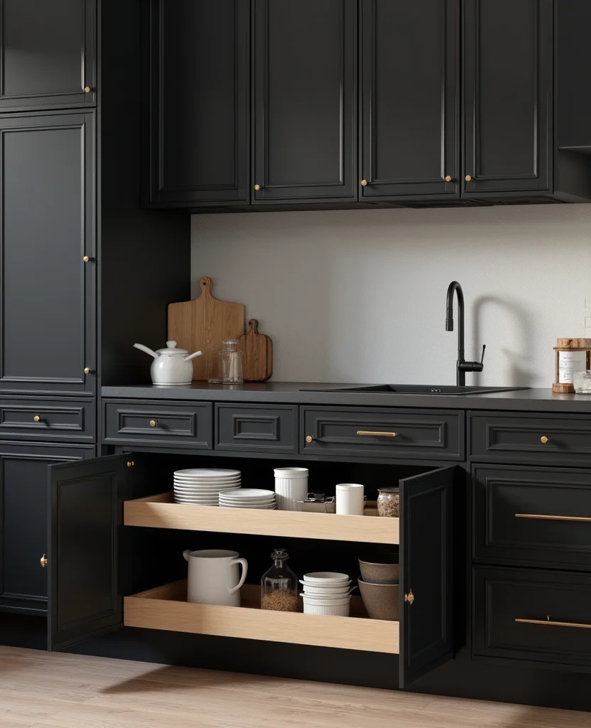 19 Space-Saving Black Kitchen Cabinet Ideas That Maximize Your Small Space (Wait Until You See #5!) - 15. Smart Storage Solutions