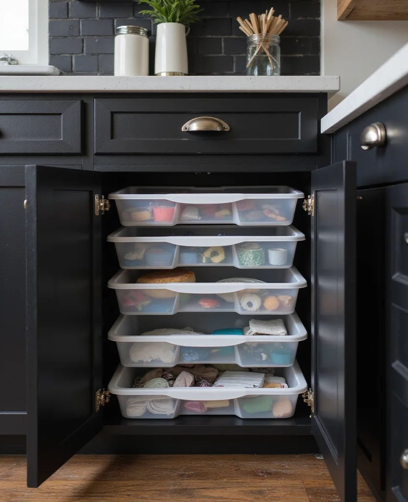 19 Space-Saving Black Kitchen Cabinet Ideas That Maximize Your Small Space (Wait Until You See #5!) - 17. Stackable Storage Bins