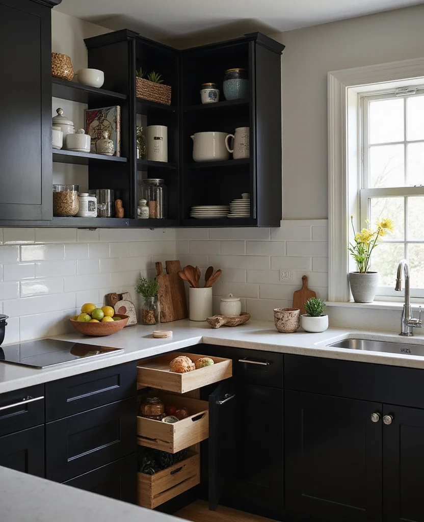 19 Space-Saving Black Kitchen Cabinet Ideas That Maximize Your Small Space (Wait Until You See #5!) - 2. Corner Cabinet Solutions