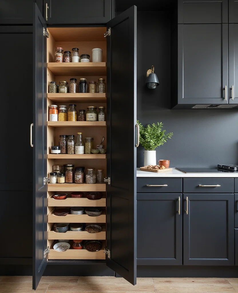 19 Space-Saving Black Kitchen Cabinet Ideas That Maximize Your Small Space (Wait Until You See #5!) - 6. Vertical Pull-Out Cabinets