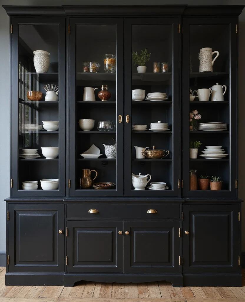 19 Space-Saving Black Kitchen Cabinet Ideas That Maximize Your Small Space (Wait Until You See #5!) - 7. Dark Glass-Front Cabinets