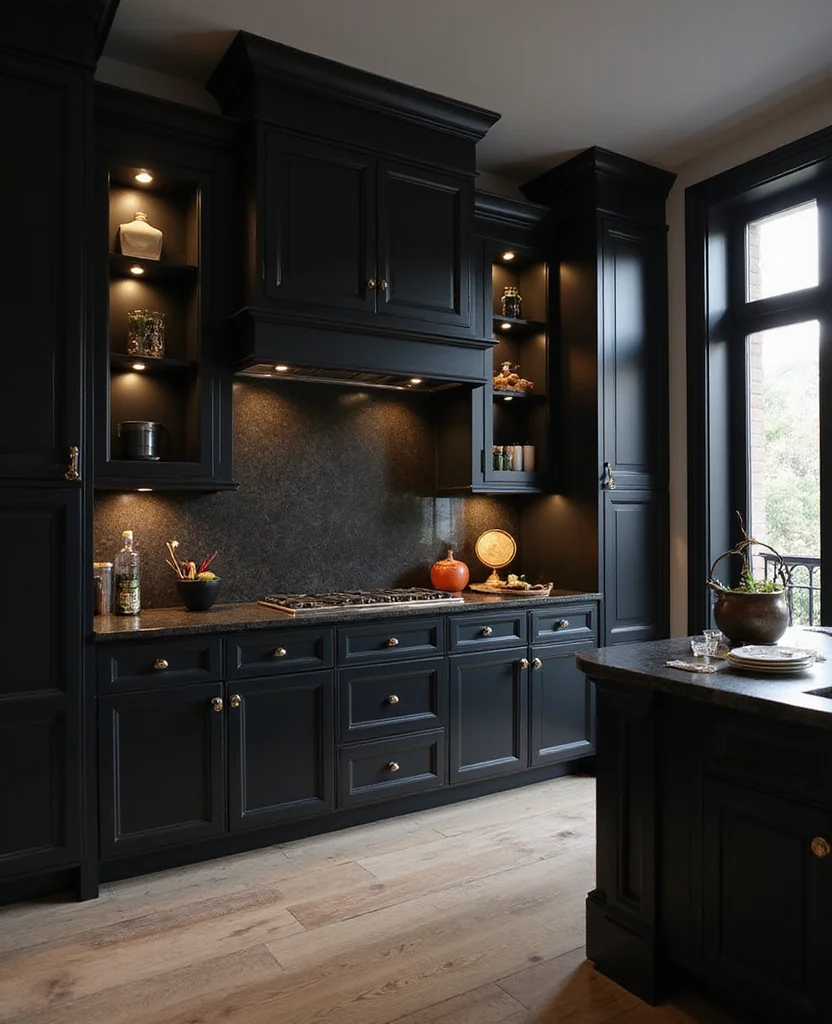 19 Space-Saving Black Kitchen Cabinet Ideas That Maximize Your Small Space (Wait Until You See #5!) - 9. High Cabinets with Built-In Lighting