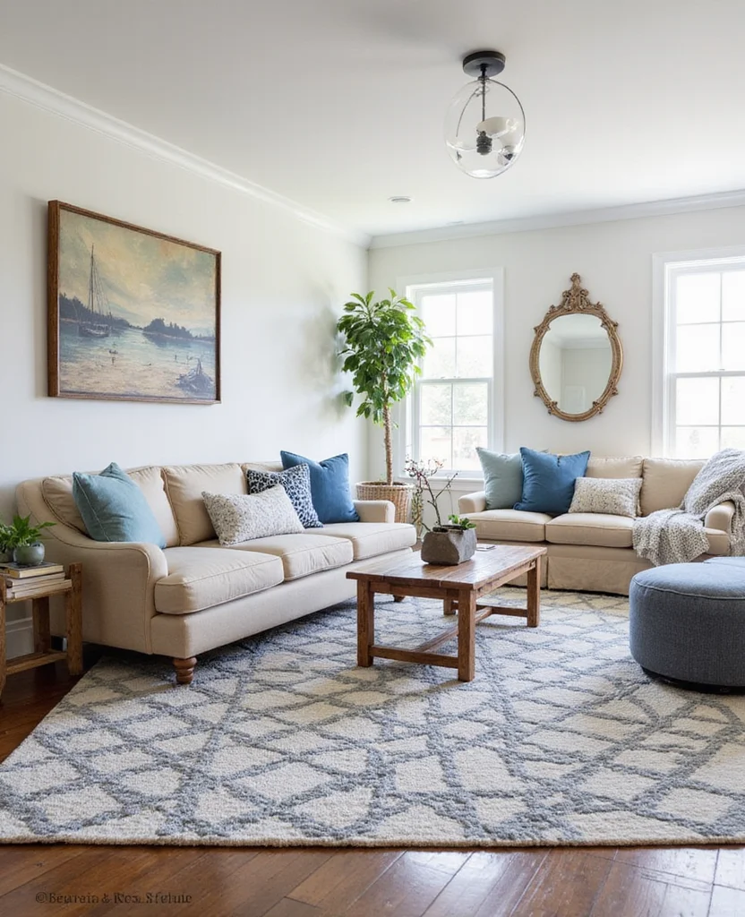 19 Stunning Cape Cod Living Room Decor Ideas You’ll Want to Steal Right Now! 51 19 Stunning Cape Cod Living Room Decor Ideas You’ll Want to Steal Right Now! - 8. Coastal-Inspired Rugs