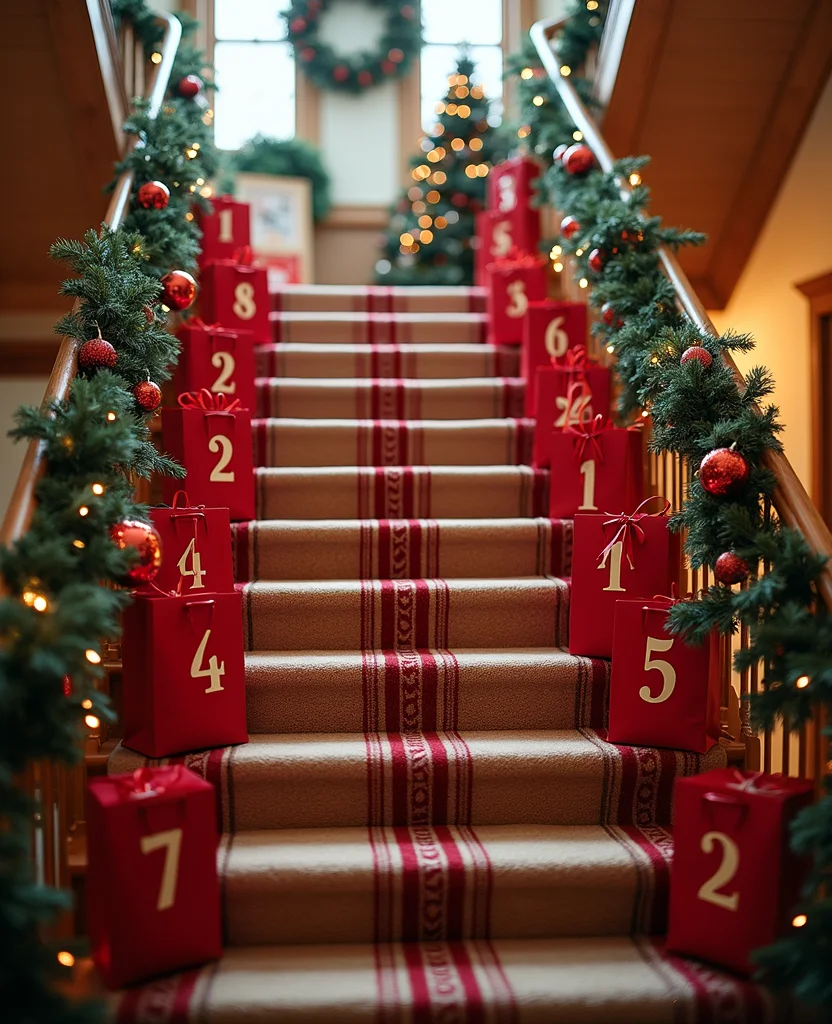 19 Stunning Christmas Staircase Ideas That'll Transform Your Home into a Winter Wonderland (You Won't Believe #7!) - 10. Advent Calendar Steps