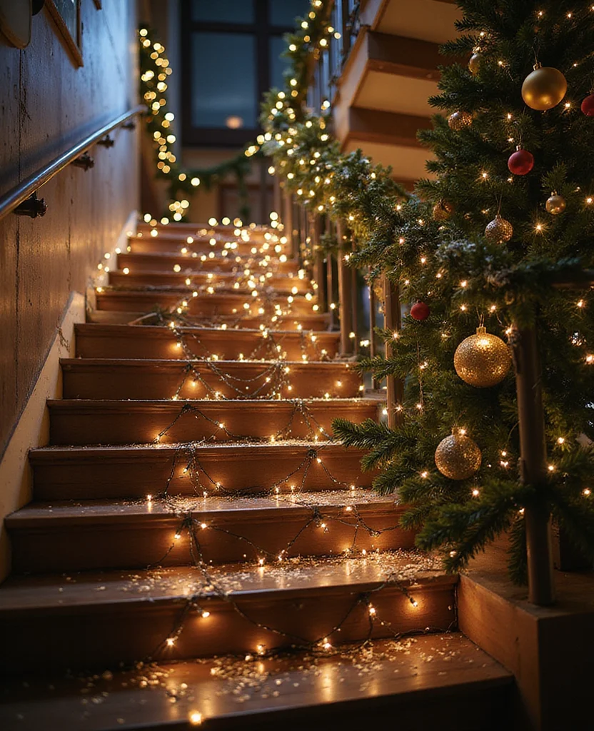19 Stunning Christmas Staircase Ideas That'll Transform Your Home into a Winter Wonderland (You Won't Believe #7!) - 15. Sparkling Lights and Ornaments