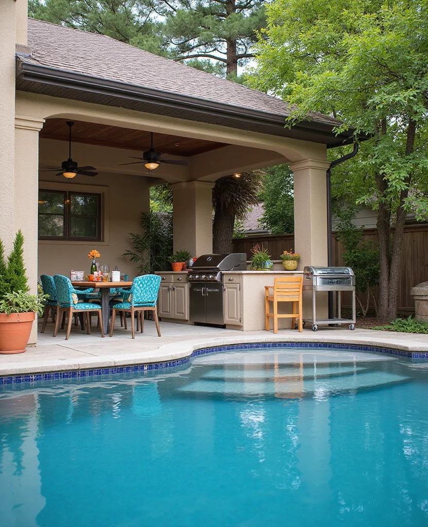 19 Stunning Lagoon Pool Backyard Ideas That'll Transform Your Yard into a Tropical Paradise! - 15. Outdoor Kitchen and Dining Area