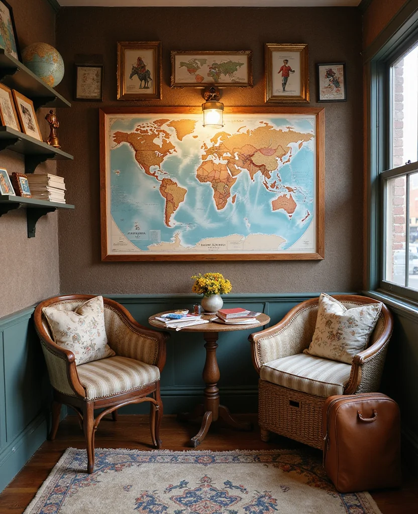 19 Stunning Living Room Alcove Ideas That'll Transform Your Space into a Cozy Retreat! 132 19 Stunning Living Room Alcove Ideas That'll Transform Your Space into a Cozy Retreat! - 19. The Travel-Themed Alcove