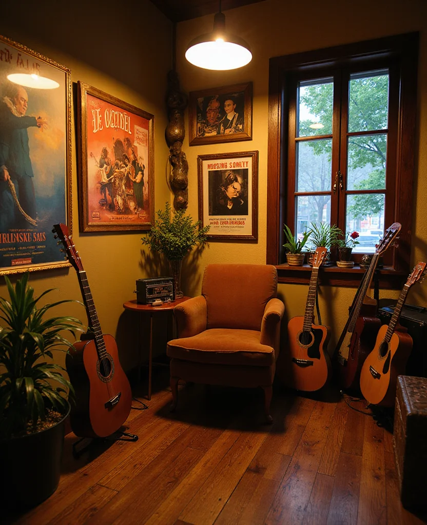 19 Stunning Living Room Alcove Ideas That'll Transform Your Space into a Cozy Retreat! 60 19 Stunning Living Room Alcove Ideas That'll Transform Your Space into a Cozy Retreat! - 9. The Music Corner Alcove