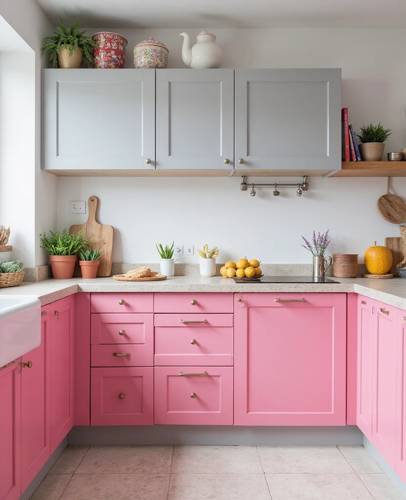 19 Stunning Two-Tone Kitchen Cabinet Ideas That Will Transform Your Space (Wait Until You See #12!) - 11. Funky Pink and Grey