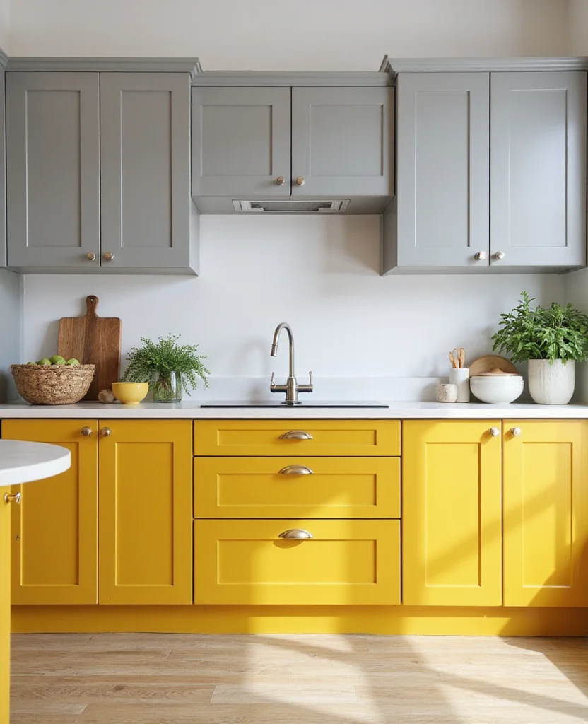 19 Stunning Two-Tone Kitchen Cabinet Ideas That Will Transform Your Space (Wait Until You See #12!) - 12. Eye-Catching Yellow and Grey
