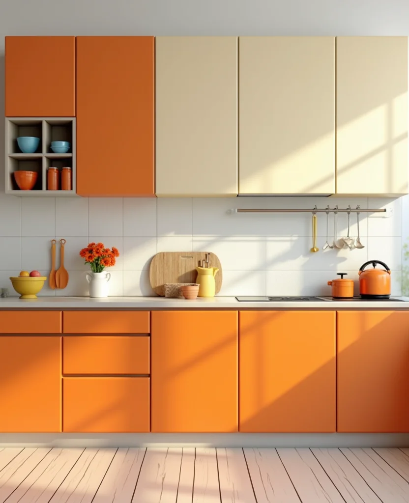 19 Stunning Two-Tone Kitchen Cabinet Ideas That Will Transform Your Space (Wait Until You See #12!) - 14. Vibrant Orange and Soft Cream
