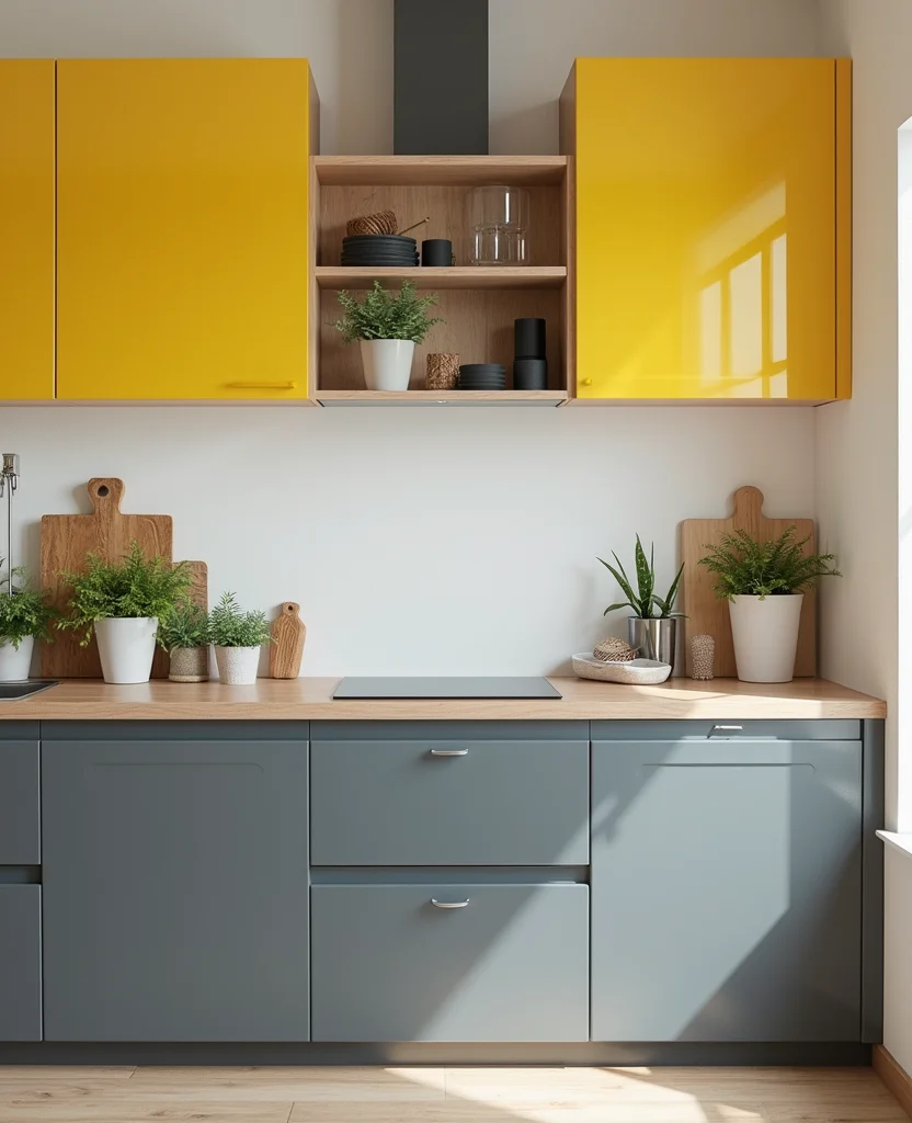 19 Stunning Two-Tone Kitchen Cabinet Ideas That Will Transform Your Space (Wait Until You See #12!) - 16. Cool Grey and Bright Yellow