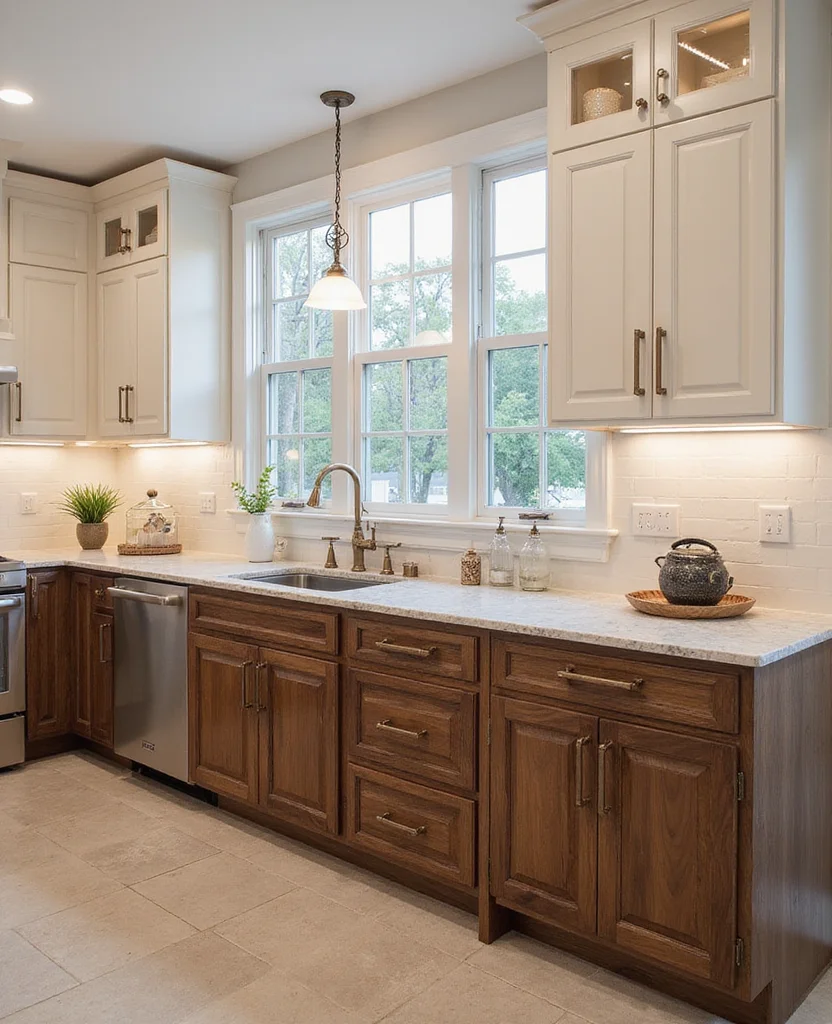 19 Stunning Two-Tone Kitchen Cabinet Ideas That Will Transform Your Space (Wait Until You See #12!) - 17. Timeless Walnut and Ivory