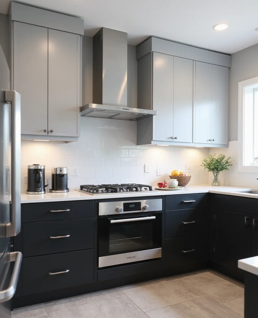 19 Stunning Two-Tone Kitchen Cabinet Ideas That Will Transform Your Space (Wait Until You See #12!) - 18. Sleek Silver and Black