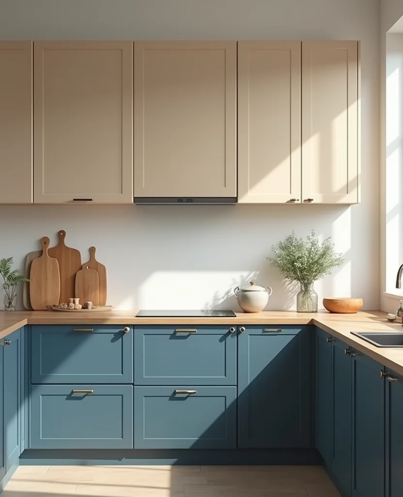 19 Stunning Two-Tone Kitchen Cabinet Ideas That Will Transform Your Space (Wait Until You See #12!) - 19. Subtle Beige and Deep Blue