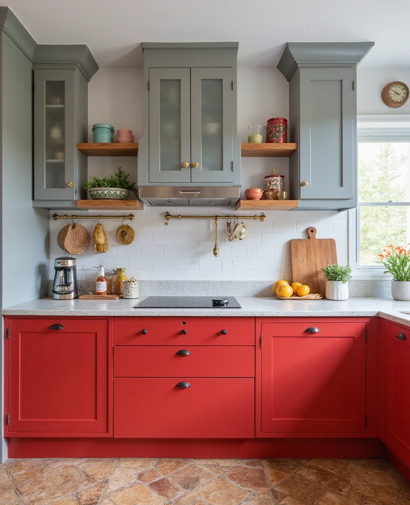 19 Stunning Two-Tone Kitchen Cabinet Ideas That Will Transform Your Space (Wait Until You See #12!) - 6. Bold Red and Soft Grey