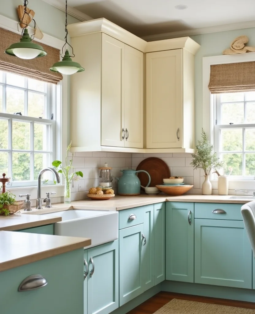 19 Stunning Two-Tone Kitchen Cabinet Ideas That Will Transform Your Space (Wait Until You See #12!) - 8. Light Teal and Cream Delight