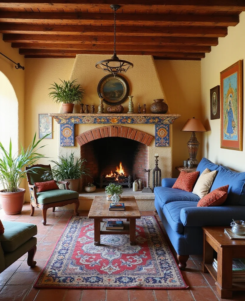 19 Vibrant Interiors: Mexican Living Room Designs That Will Inspire Your Next Makeover! 51 19 Vibrant Interiors: Mexican Living Room Designs That Will Inspire Your Next Makeover! - 8. Cozy Fireplaces with Cultural Decor
