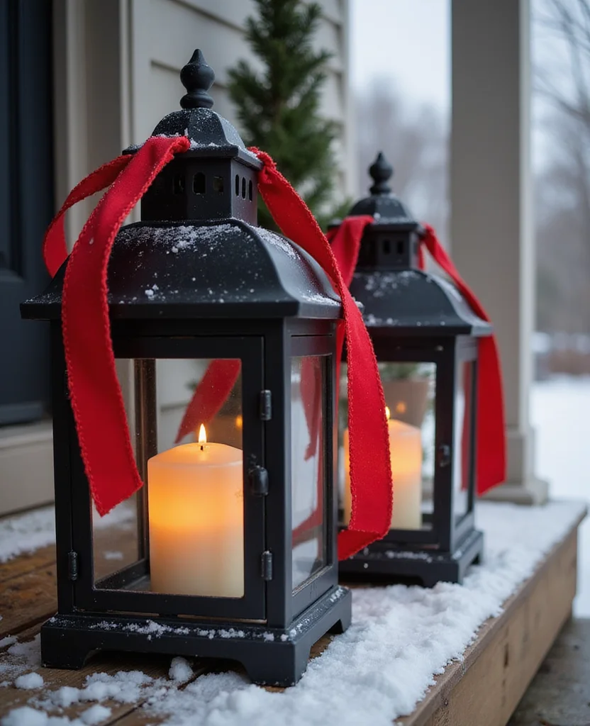 25 Stunning Christmas Lantern Decor Ideas to Light Up Your Winter Nights (Wait Until You See #12!) - 3. Classic Black Lanterns with Red Ribbons