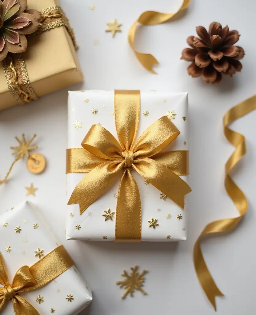 Create the Perfect Ambiance: 15 Gold and White New Year Home Styling Ideas! 74 Create the Perfect Ambiance: 15 Gold and White New Year Home Styling Ideas! - 11. Gold and White Themed Gift Wrapping