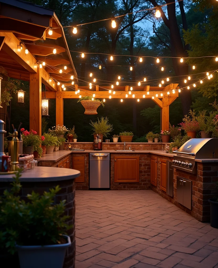 Transform Your Backyard with These 19 DIY Outdoor Kitchen Ideas (Your Friends Will Be Jealous!) - 11. Overhead Lighting Features